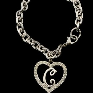 Silver Tone Heart Initial C Bracelet Crystal Accent Thick Link Chain